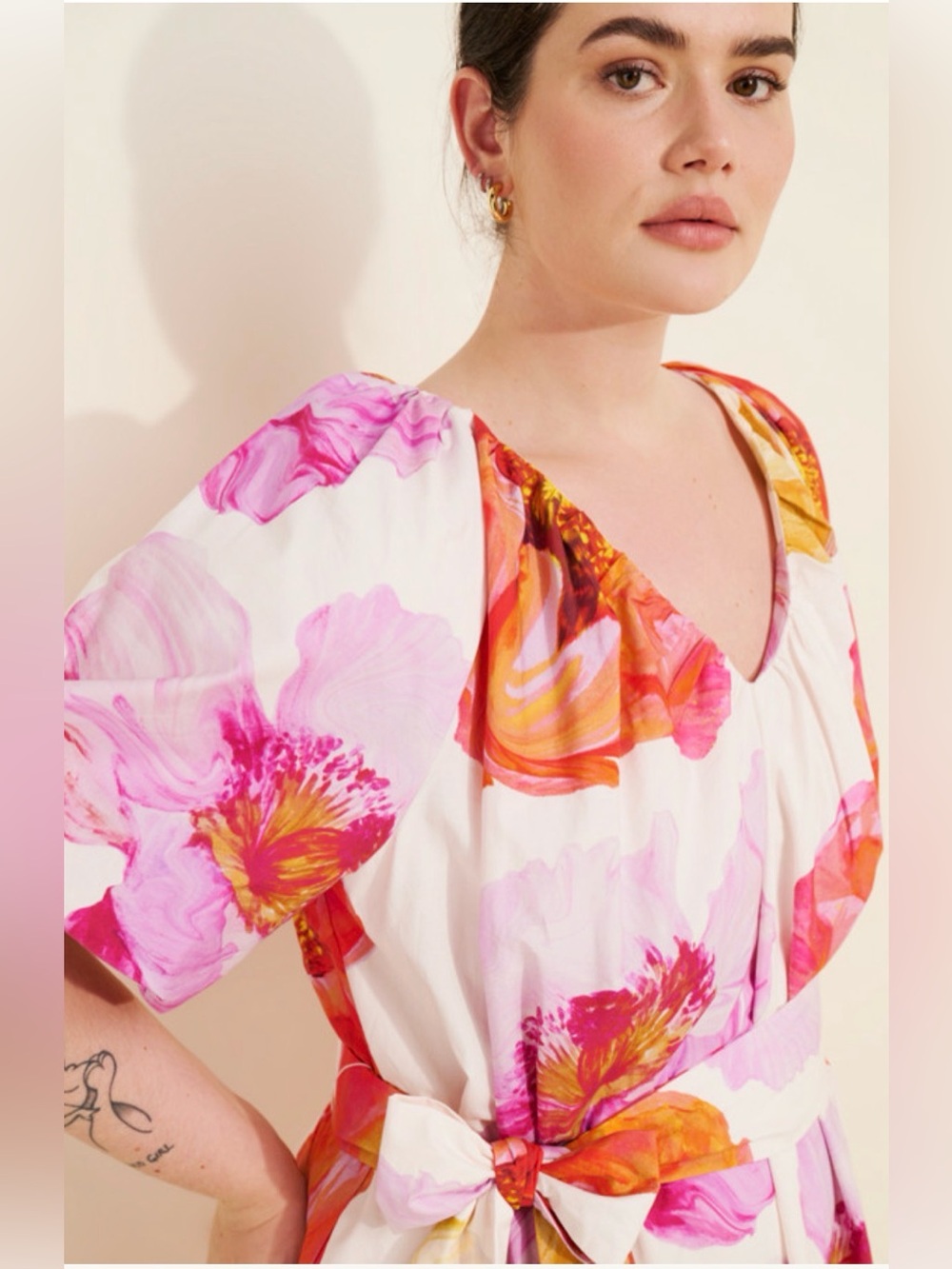 Anthropologie - Floral V-Neck Tent Midi Dress - Pink & Orange - Picture 3 of 7